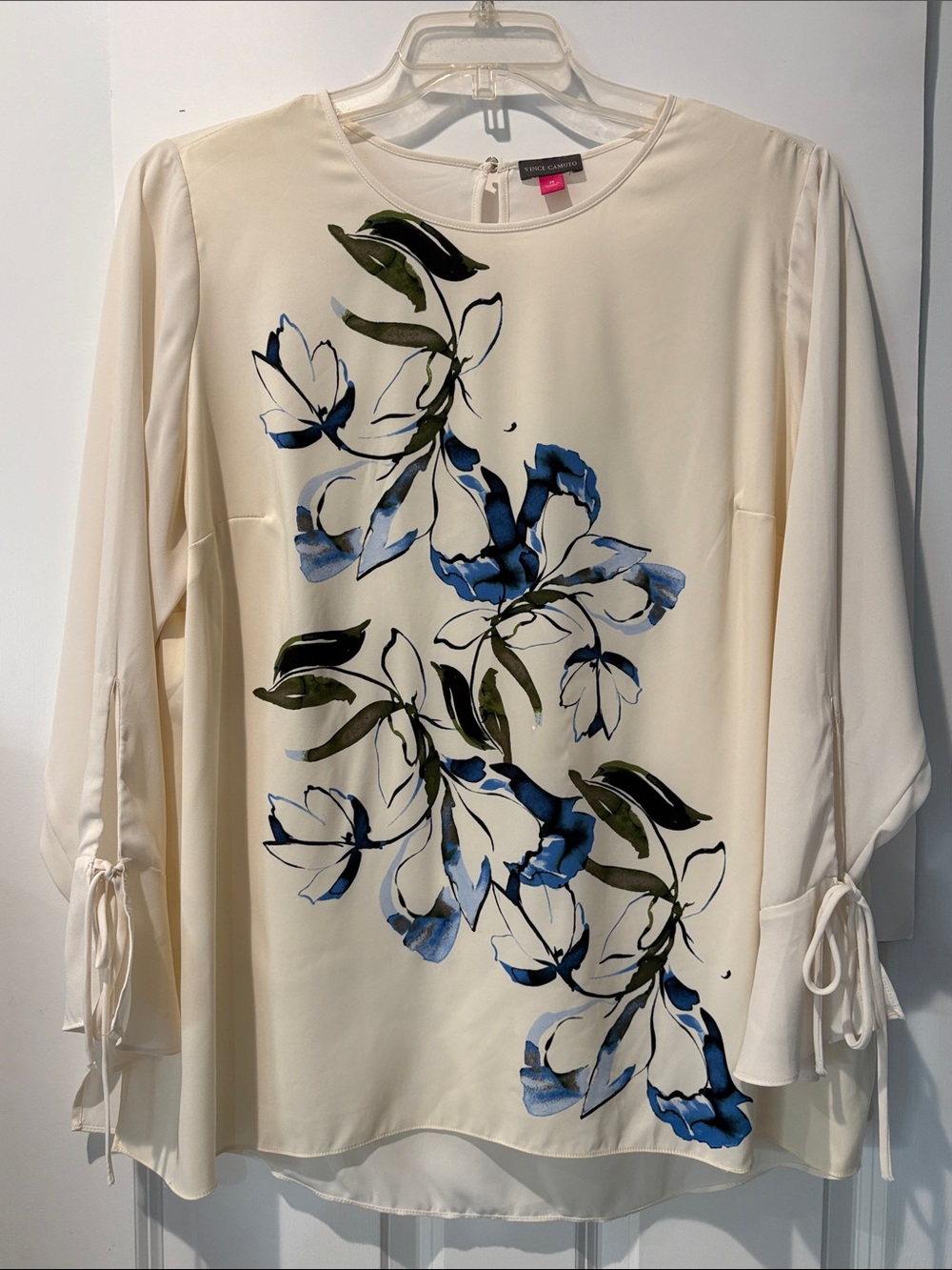 Vince Camuto Cream Blouse with Blue & Green Floral Print